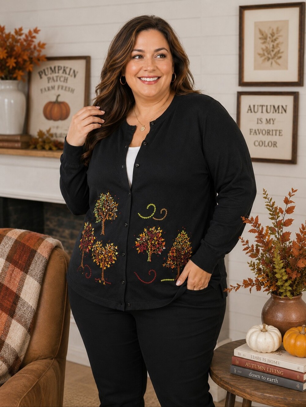 QUACKER FACTORY Fall Foliage Embellished Cardigan Sweater Sequins Embroidered